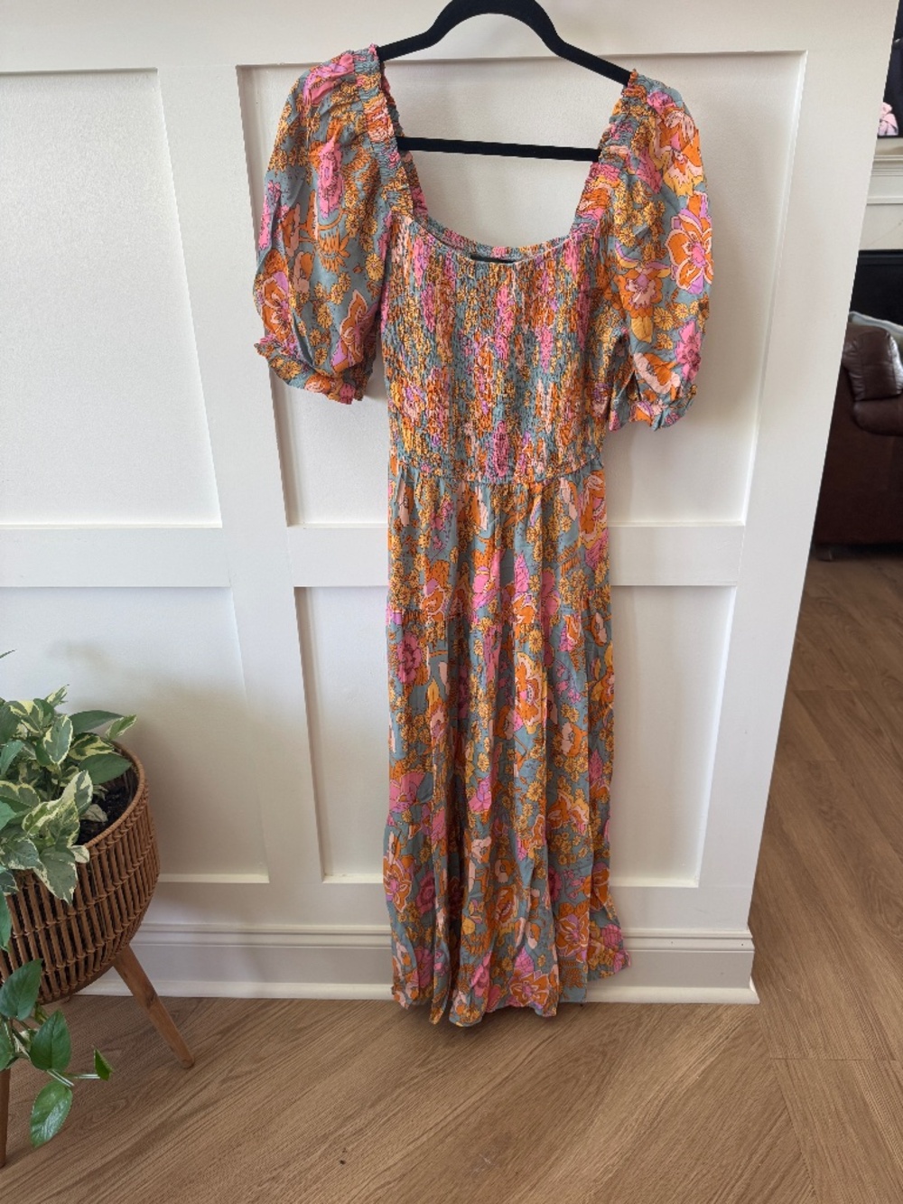 Floral Smocked Puff Sleeve Tiered Maxi Dress Pink Blue Orange